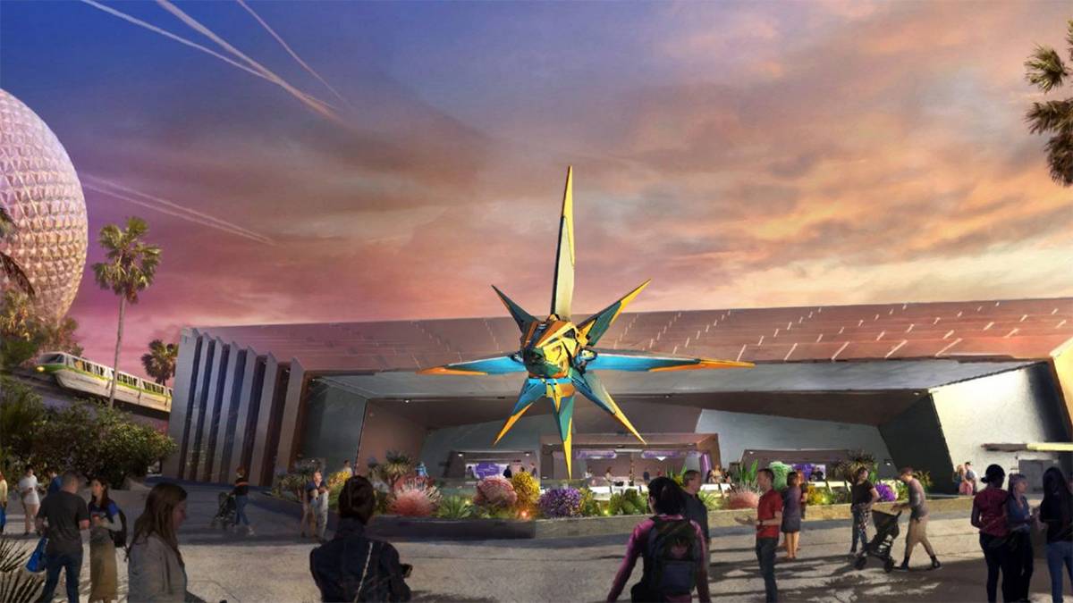 Wide shot mockup of the Guardians of the Galaxy Cosmic Rewind ride at Walt Disney World in Orlando, Florida, USA